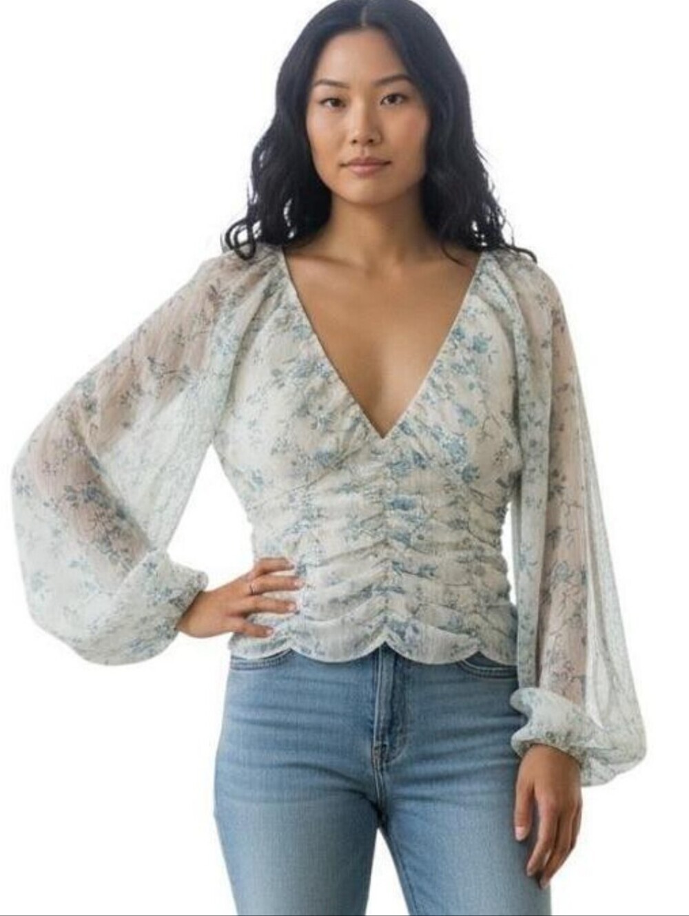 Free People Final Rose Blouse V-Neck Ruched Long-Sleeve Boho Cottage Sz XS